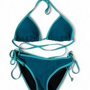 Women’s Teal Contrast Trim Triangle Bikini Set